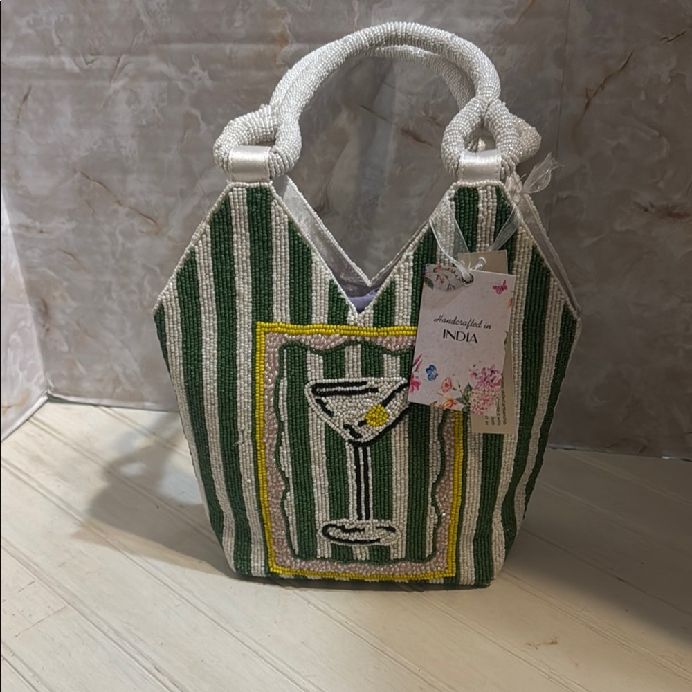 India Boutique Green and White beaded Shoulder Bag